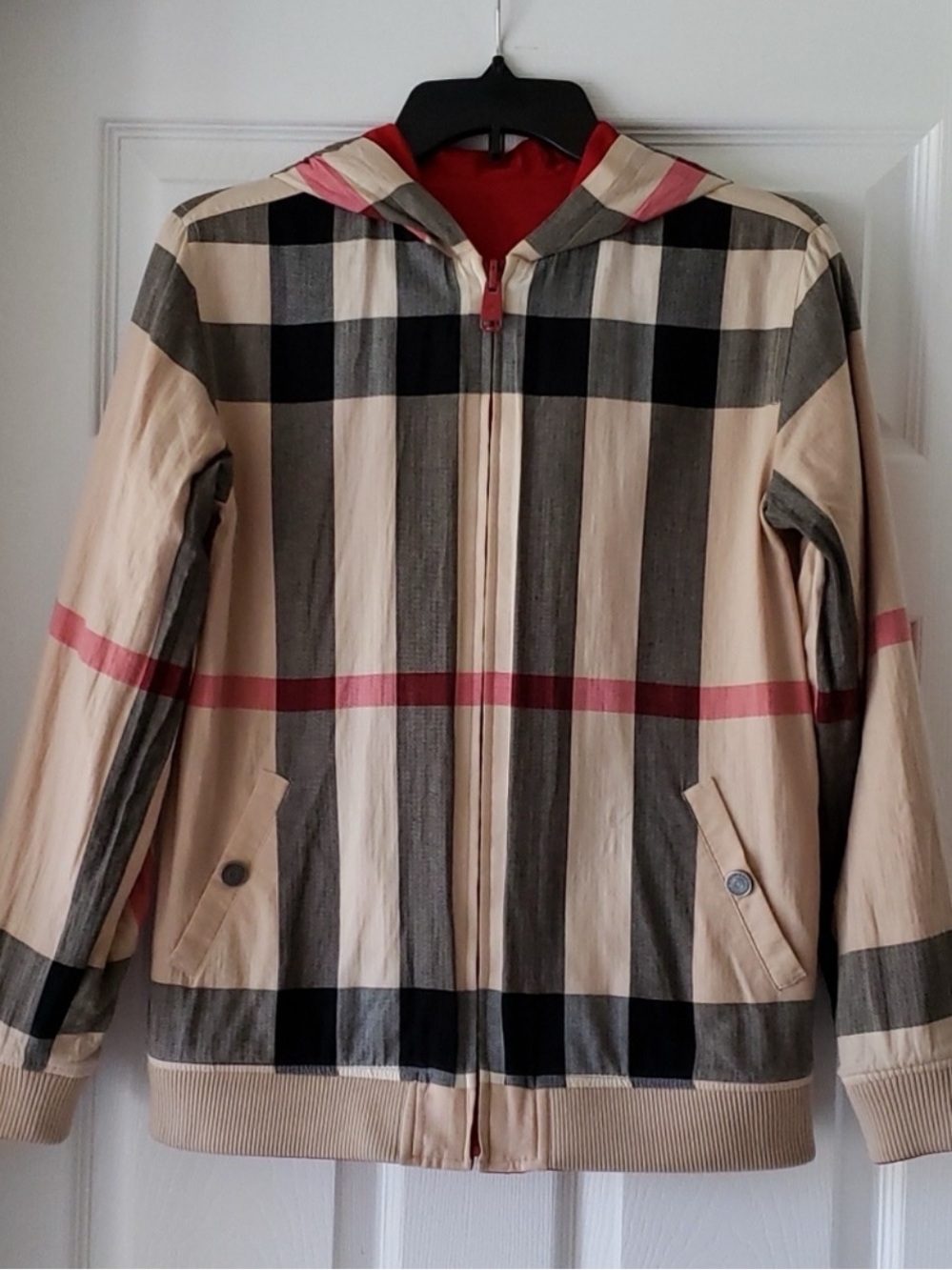 Burberry Big Kids Plaid Hooded Zip Jacket - Beige, Black & Red